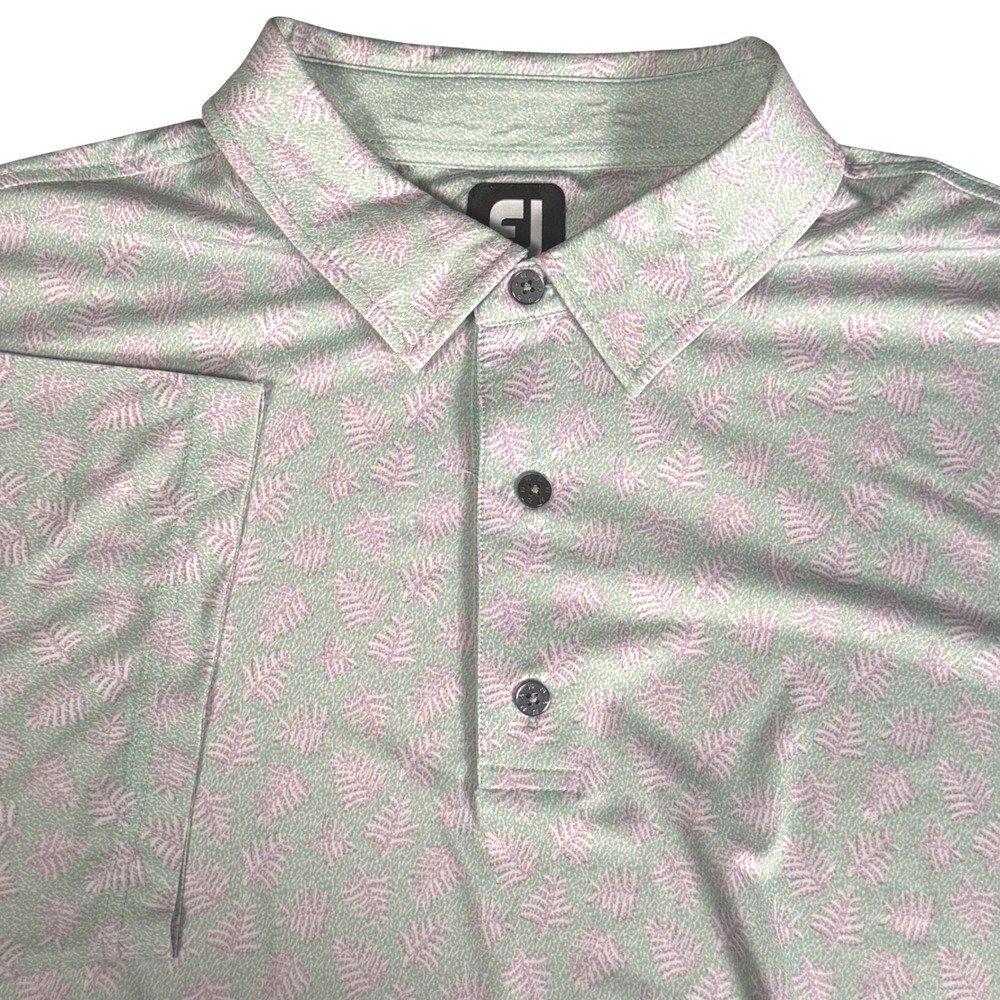 FootJoy Mens 2XL Golf Polo Shirt Fern Palm Leaf Mint Green Lilac Performance